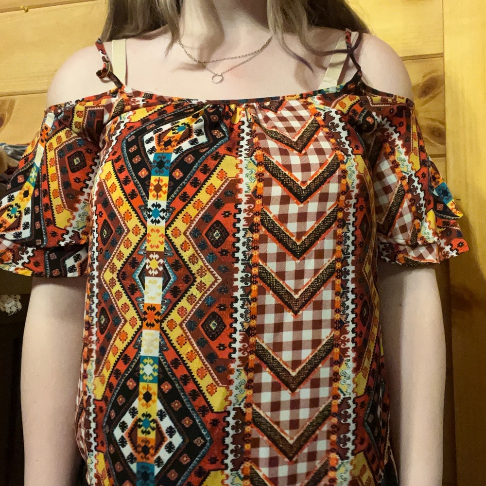 Belle du jour cold shoulder patterned blouse